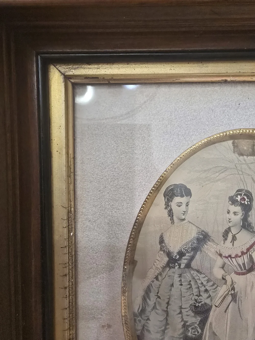 Antique Victorian French Fashion Plate Print - Framed Gilt & Dark Wood - Vintage